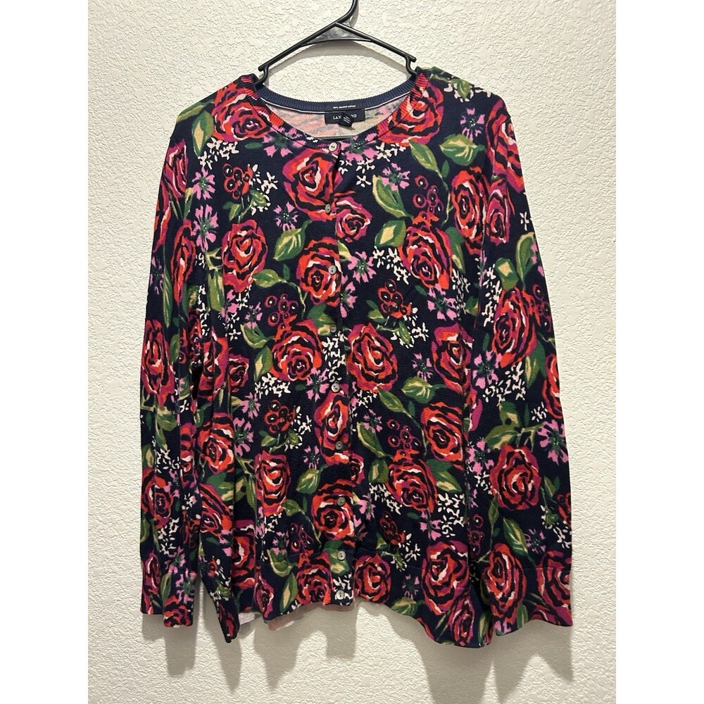 Lands End Women’s 2X 20W-22W Supima Cotton Button Up Cardigan Floral Multicolor